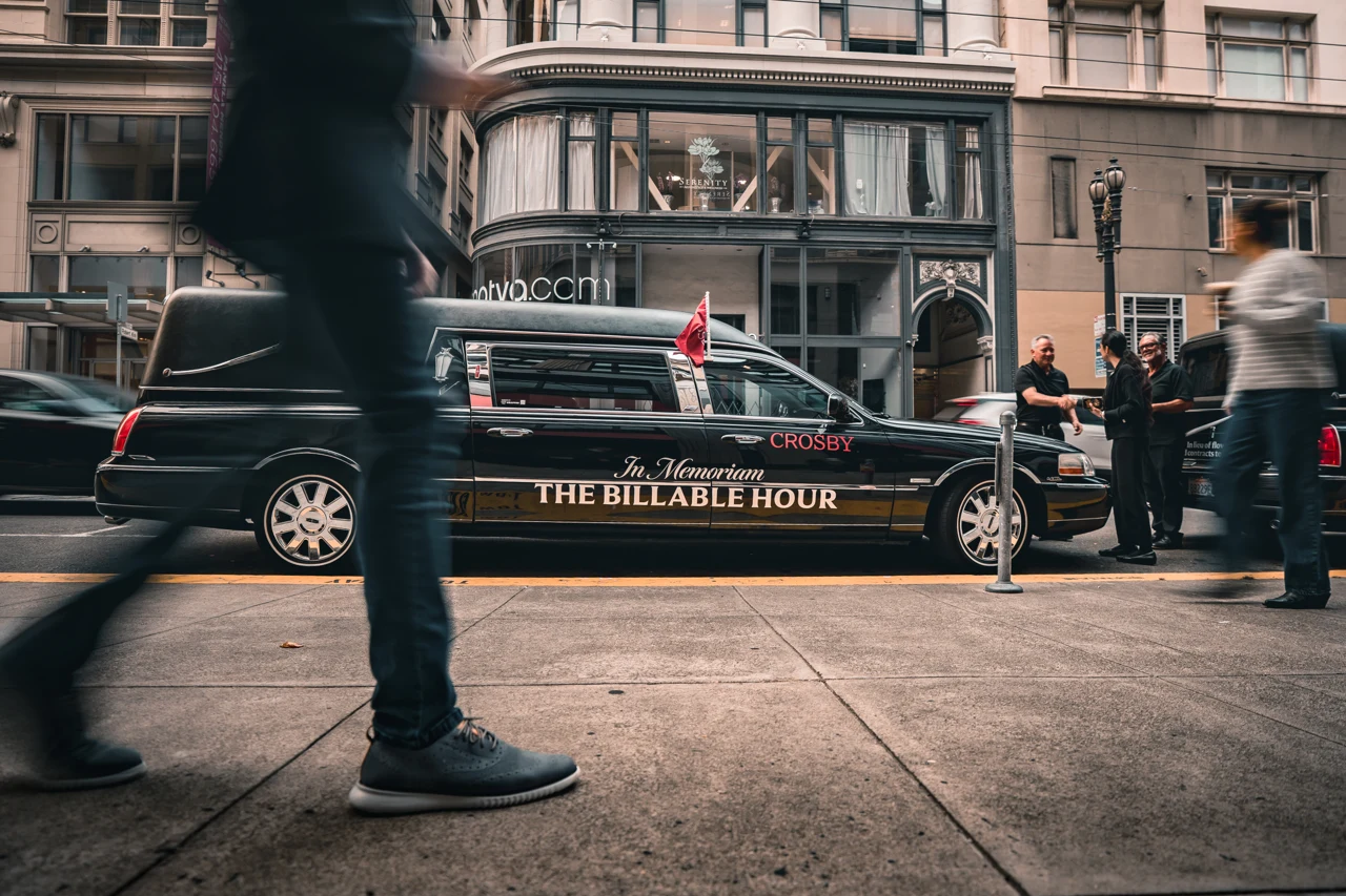 Crosby branded hearse on a San Francisco street