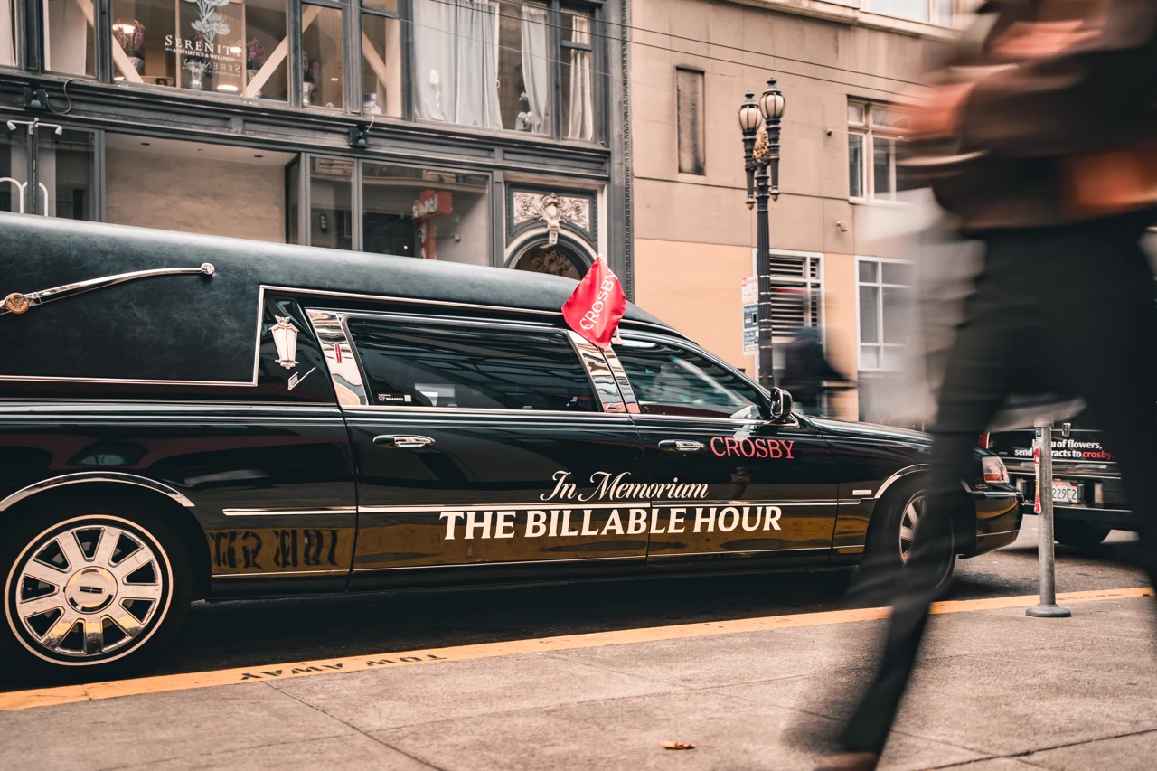 Crosby hearse with The Billable Hour branding