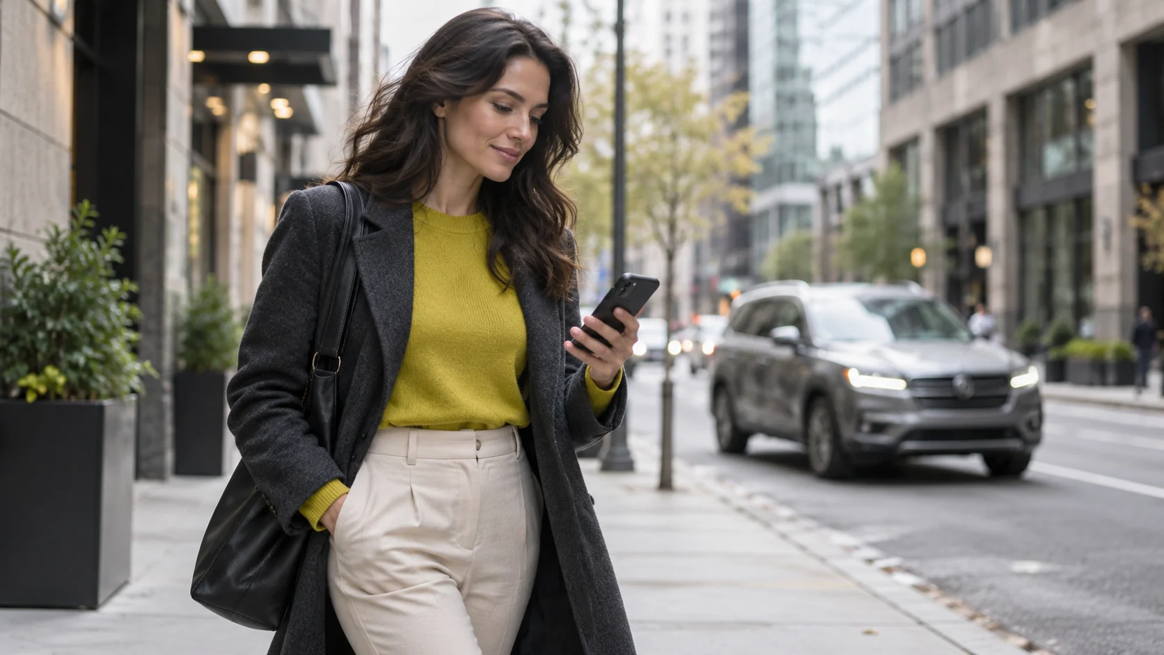 A pedestrian checking her phone on a downtown sidewalk