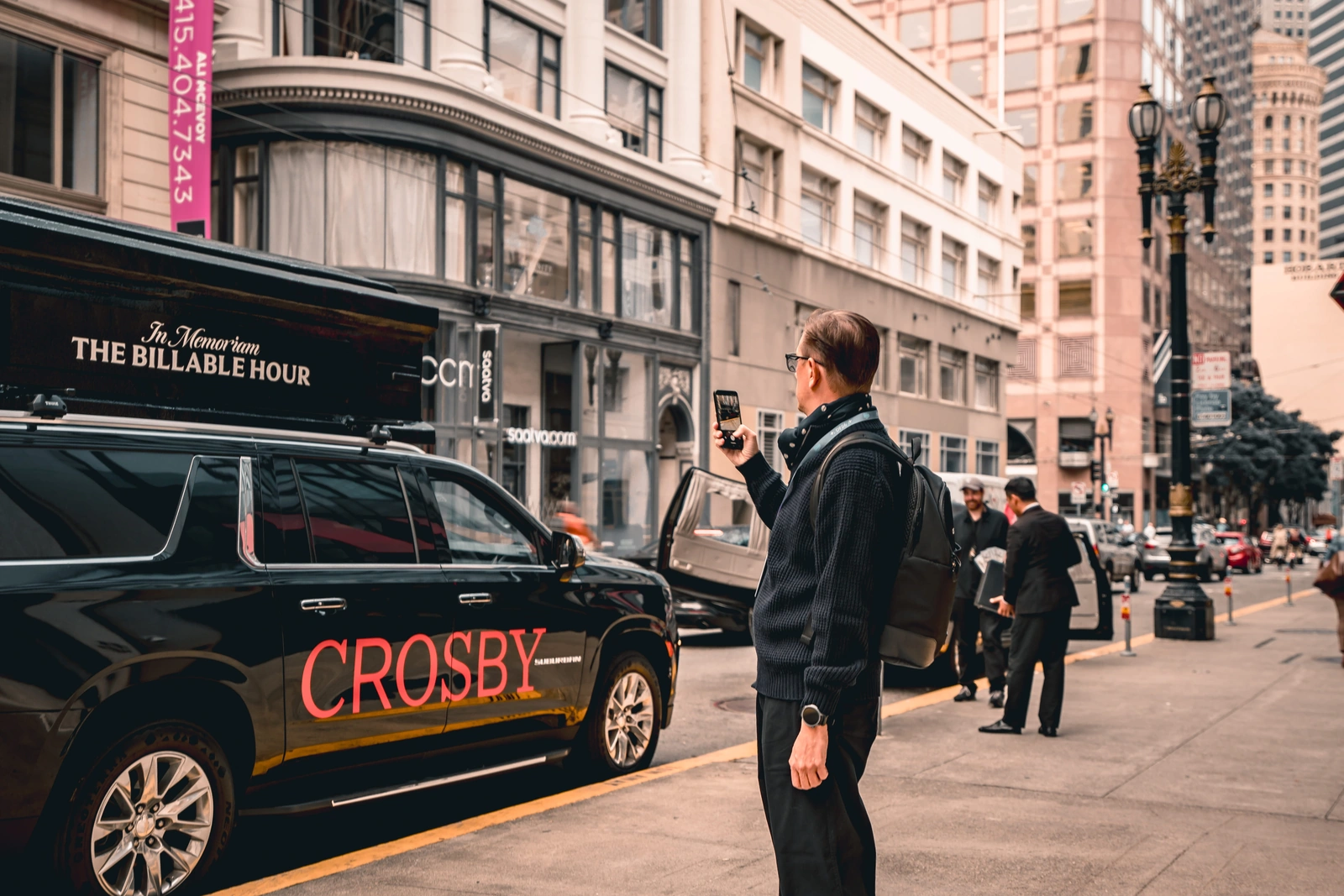 Large Crosby prop mounted on a campaign hearse using a roof rack